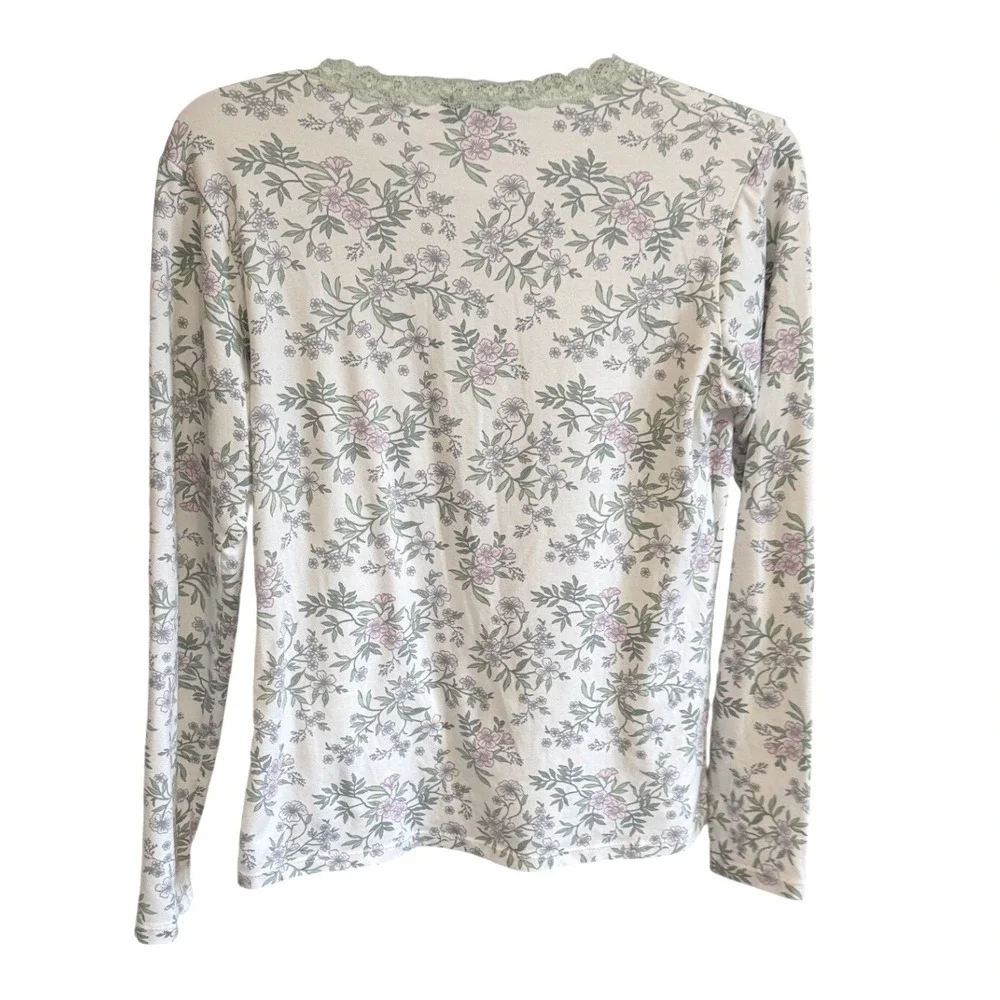 Elizabeth & Nicole Pajama Set Womens Small White Floral Lace Henley Loungewear